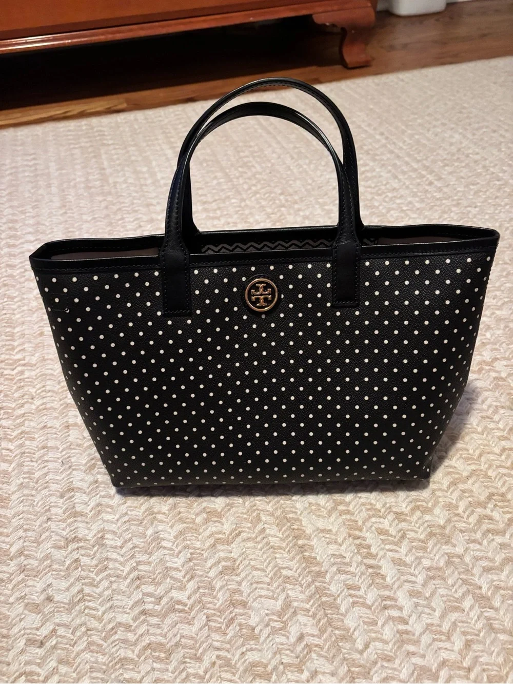 Tory Burch Black Polka Dot Leather Tote with Gold Logo
